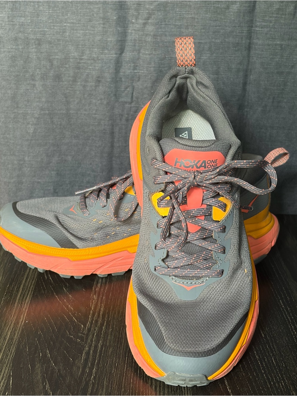 Hoka One One Women's Challenger Gray, Coral & Yellow Trail Runners